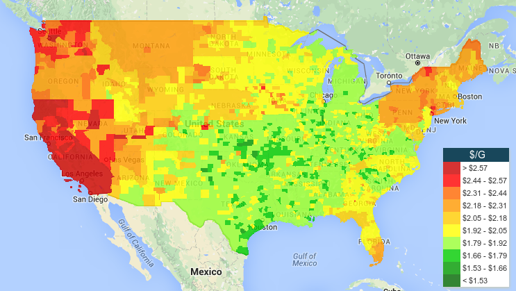 Gas prices across the US according to GasBuddy.